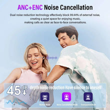 Earbuds in use during a call with noise-cancellation mode shown on screen