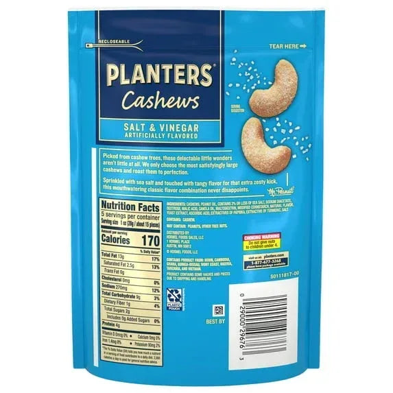 PLANTERS Cashews Salt and Vinegar, Party Snacks, Plant Based Protein, 5 oz Resealable Bag