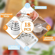 18-piece stainless measuring set with nested cups, spoons, and measuring scoop