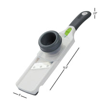 Mini mandoline slicer with round feed tube, green adjuster, and dark handle