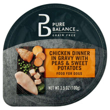 Pure Balance grain-free wet dog food cup with chicken dinner in gravy label