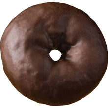 Frosted mini donut with dark chocolate coating and central hole