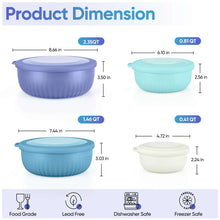 Blue nesting plastic mixing bowls set with matching lids, shown in size layout