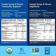 Supplement Facts panels for day and nighttime cough syrup with ingredients and dosing