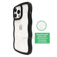 Black phone case with clear glitter back, Apple logo window, and side buttons