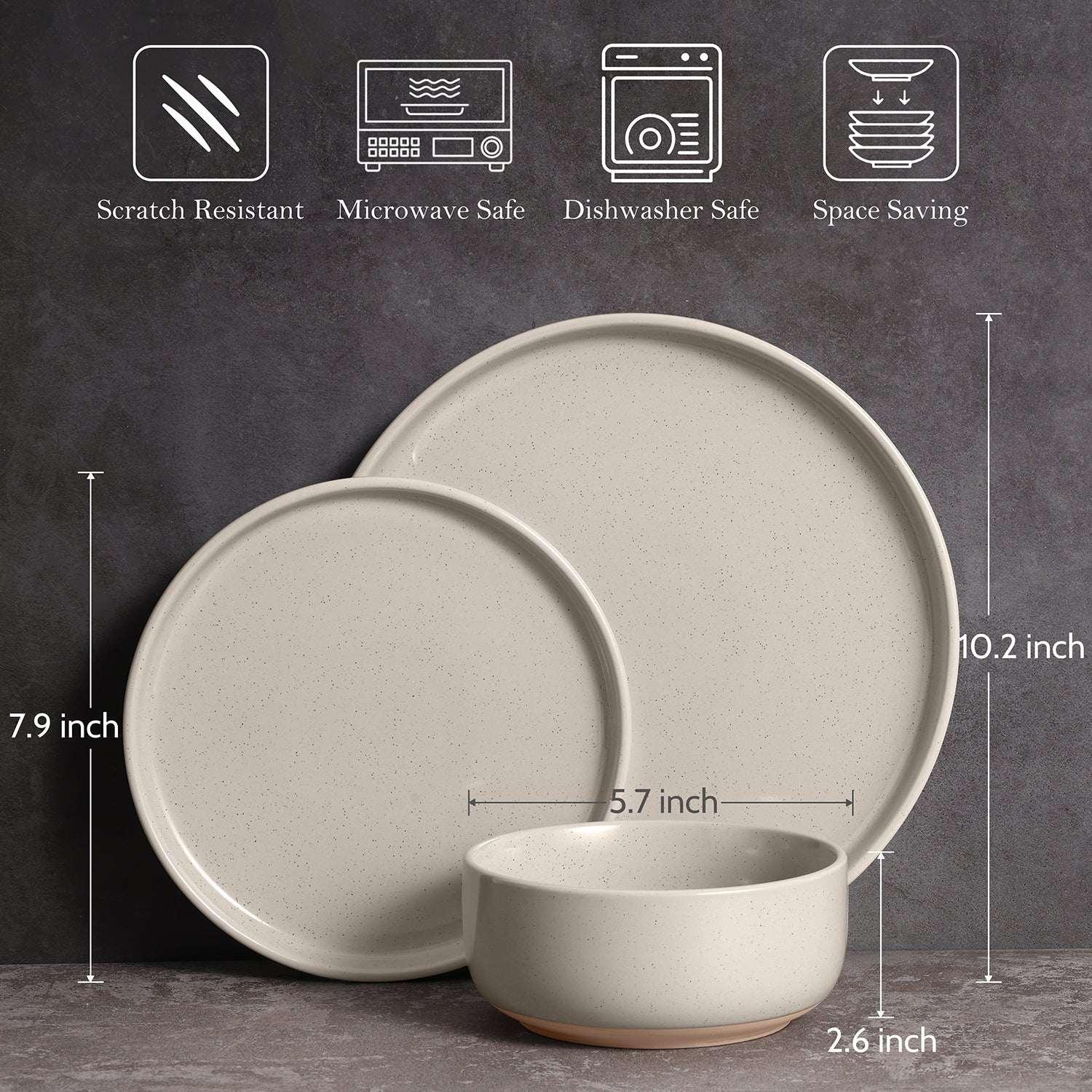 Vesteel 12-Piece Dinnerware set, Ceramic Plates and Bowls set for 4, Speckled Stoneware Dishes Set for Family, Microwave & Dishwasher Safe - Cappuccino Brown