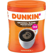 Dunkin' Original Blend medium roast ground coffee canister, orange front label