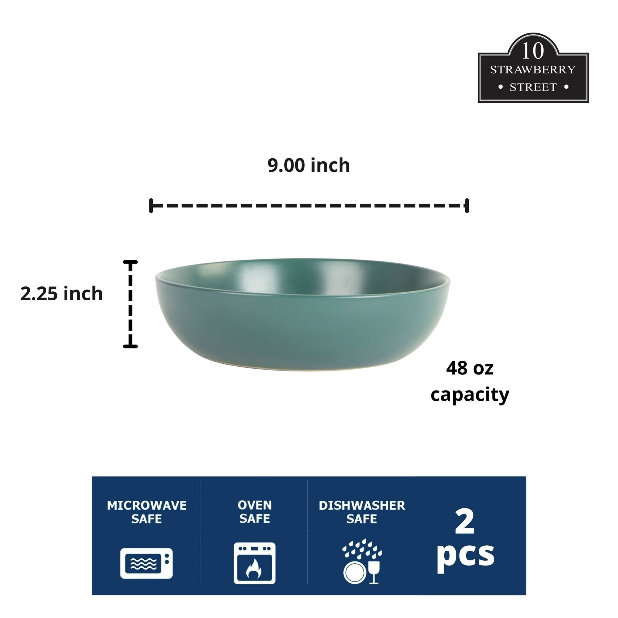 10 Strawberry Street Wazee Matte 9"/48oz Serving Bowl, Set of 2, Emerald Green