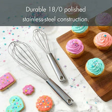 Stainless balloon whisks with polished wire loops and comfort-style metal handles