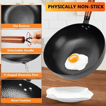 Black non-stick carbon steel wok pan with detachable handle, pour spout, and riveted sides