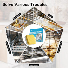 Dishwasher cleaner tablet with dirty dishwasher racks showing grease buildup