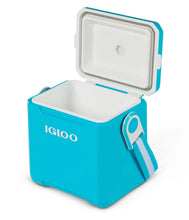 Igloo hard side cooler with lid open, turquoise blue interior