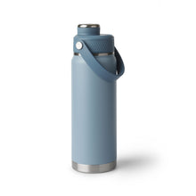 Light blue insulated chug water bottle with flip-top lid and carry strap