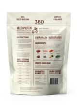 Back panel of freeze-dried dog food bag with ingredients, feeding guide, and analysis table