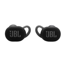 Pair of black true wireless earbuds with ear hooks and JBL logo