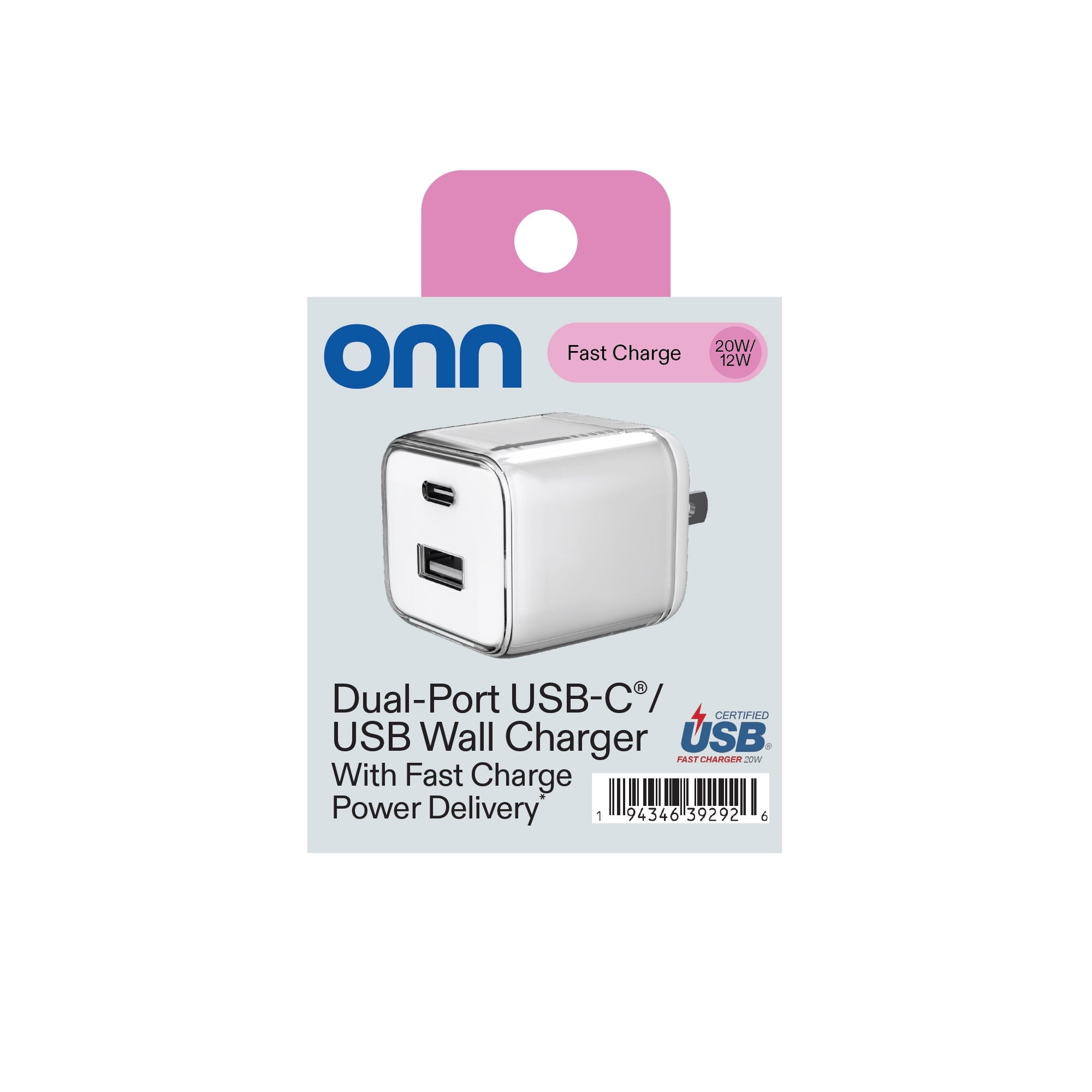 onn 32W Dual-Port USB-C & USB-A Wall Charger, Fast Charging, USB-IF Certified, Foldable Plug, Purple – Compatible with iPhone, iPad, AirPods, Samsung Galaxy, Note, Pixel & More