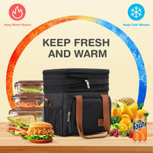 Insulated lunch cooler bag in black with brown trim, front zip pocket and expandable top.