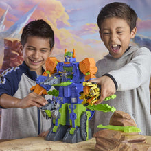 Transforming robot action figure with green, blue, and orange parts during play