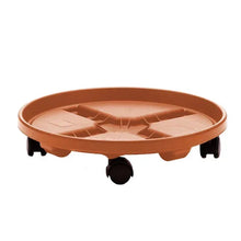 Terra cotta round plant caddy base with four caster wheels and raised ribs