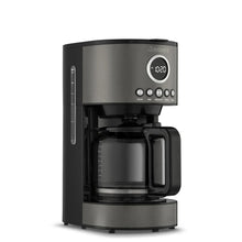 Black stainless steel 12-cup drip coffee machine with digital display and glass carafe