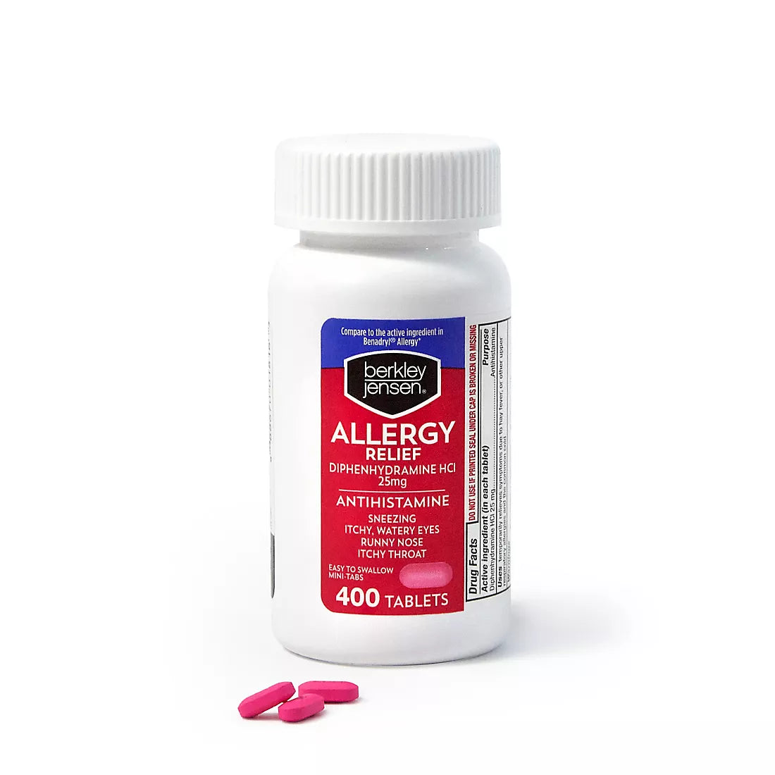 Berkley Jensen 25mg Diphenhydramine Hydrochloride Antihistamine Tablets, 400 ct.