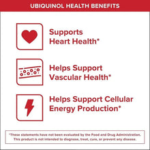 Ubiquinol health benefits panel with three icons for heart, vascular, and energy