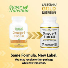 Omega-3 fish oil softgels bottle set with “Same Formula, New Label” message