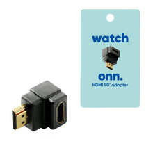 HDMI 90-degree adapter on product tag, angled black connector with gold plug
