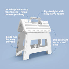 White locking folding step stool with carry handle and slip-resistant surface