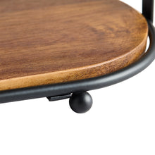 Round wood top shelf with black metal rim and pedestal support foot