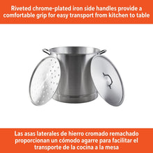 Aluminum steamer pot with domed lid plus perforated insert and side loop handles