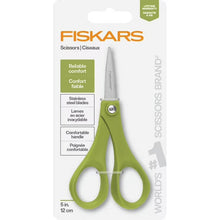 Fiskars scissors package card with green handle and 5 in blade