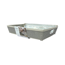 Gray rolling under-bed storage bin with open top and zipper, packaged with insert label