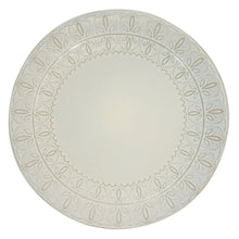 Round dinner plate with scalloped medallion and embossed floral lace rim, off-white