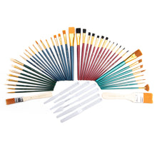 Assorted paintbrush set with long handles and varied bristle tips, fanned out