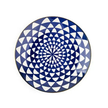 Blue and white medallion ceramic plate with gold rim