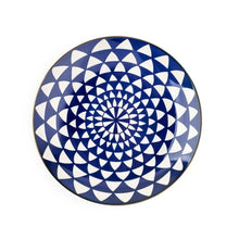 Blue ceramic dinner plate with circular geometric medallion pattern