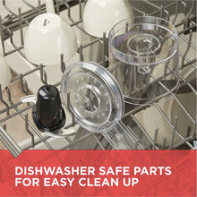 Dishwasher-safe food chopper parts in rack: clear bowl and stainless blade disc