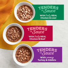 Wet cat food in three bowls labeled chicken & liver, chicken & beef, turkey & giblets