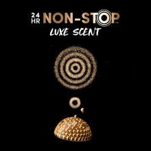 Non-stop luxe scent graphic with golden bead emblem and swirl