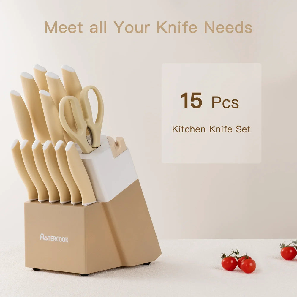 Astercook Knife Set, 14 Pieces Kitchen Knives Set with Healthy Anti-Rust Coating, Stainless Steel Knife Sets with Built-in Sharpener, Sharp & Rust Resistant Dishwasher Safe - USA MEGA SHOP