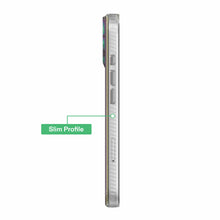Opalescent phone case shown from the side with slim profile and raised power button area
