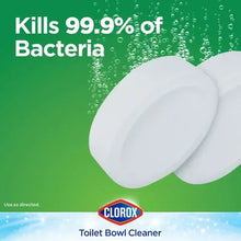 Toilet bowl cleaner tablet pack label with 99.9% bacteria kill claim and white tablets