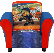 Upholstered toddler chair with blue arms, red sides, and PAW Patrol character back