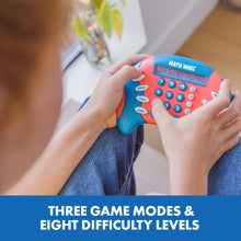 Hands using Math Whiz electronic math game, blue-orange console with button keypad
