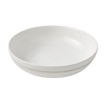 White stoneware bowl with gold line band and speckled glaze
