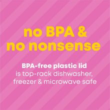 BPA-free lid care graphic: dishwasher, freezer, and microwave safe