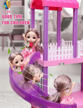 Pink dollhouse playset with a purple slide and two doll figures