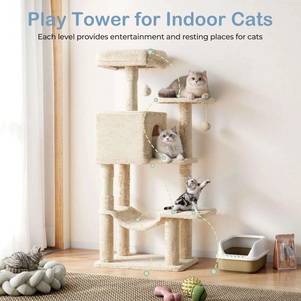 EDX 44" Cat Tree Tower for Indoor Cats, Multi-Level Durable Climbing Tower, Pet House with Natural Sisal Scratching Post, Cozy Condo, Extended Platform, Kitten Toy and Hammock, Beige - USA MEGA SHOP