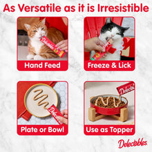 Delectables Squeeze Up cat treat serving options: hand feed, freeze & lick, plate or topper